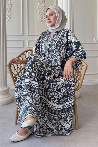 Yasemin Çiçekli Antrasit Viskon Elbise