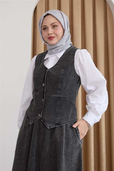 Yelekli Etekli Siyah Üçlü Kot Takım