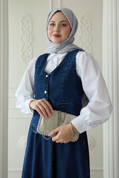 Yelekli Etekli Mavi Üçlü Kot Takım