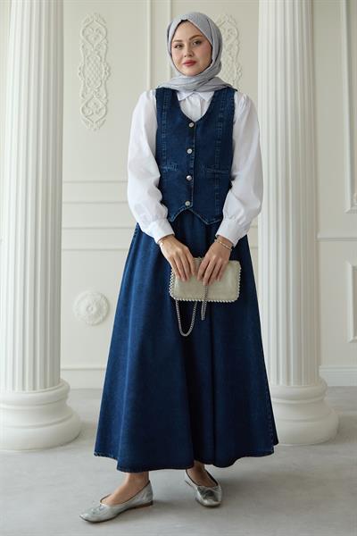 Yelekli Etekli Mavi Üçlü Kot Takım