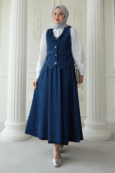 Yelekli Etekli Mavi Üçlü Kot Takım