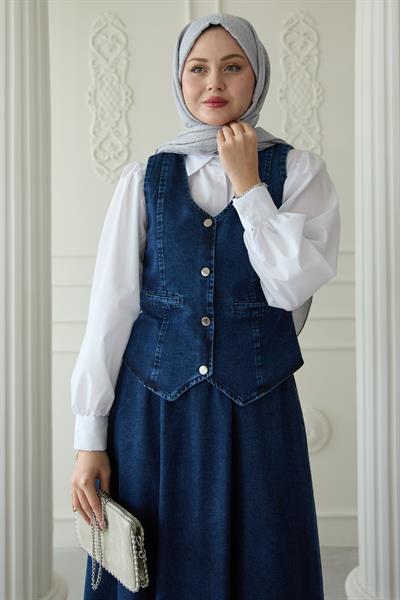 Yelekli Etekli Mavi Üçlü Kot Takım