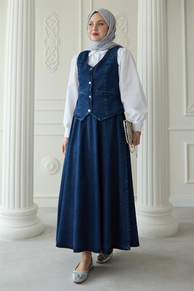 Yelekli Etekli Mavi Üçlü Kot Takım