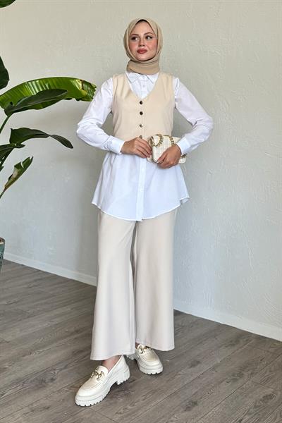 Yelekli Üçlü Takım Bej
