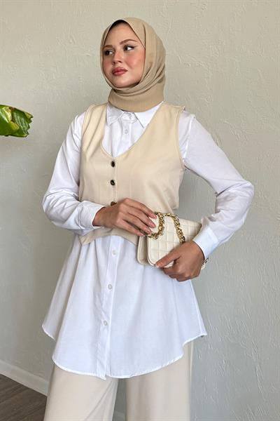 Yelekli Üçlü Takım Bej