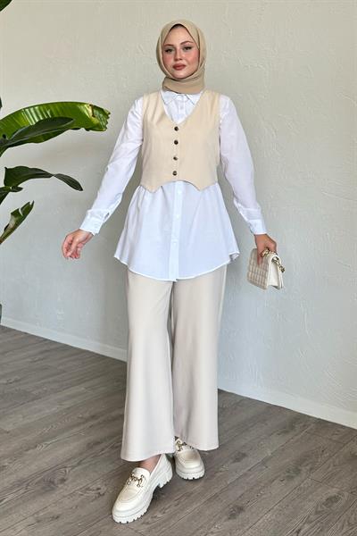 Yelekli Üçlü Takım Bej