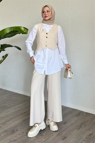 Yelekli Üçlü Takım Bej
