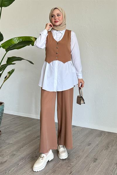 Yelekli Üçlü Takım Camel