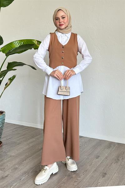 Yelekli Üçlü Takım Camel