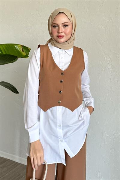 Yelekli Üçlü Takım Camel