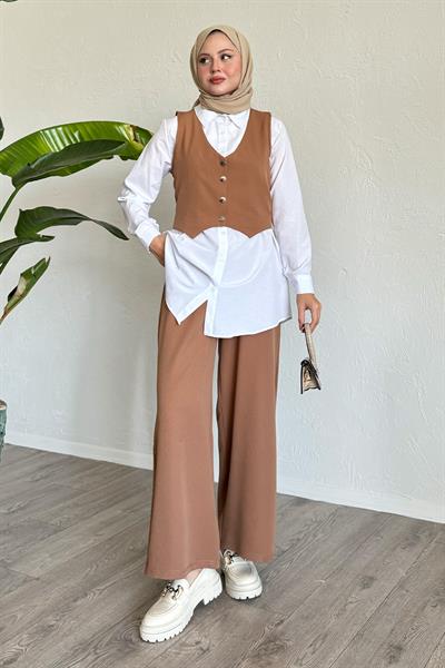 Yelekli Üçlü Takım Camel