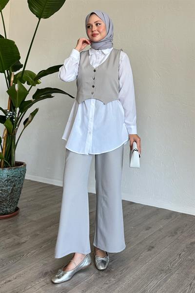 Yelekli Üçlü Takım Gri