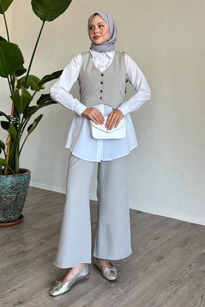 Yelekli Üçlü Takım Gri