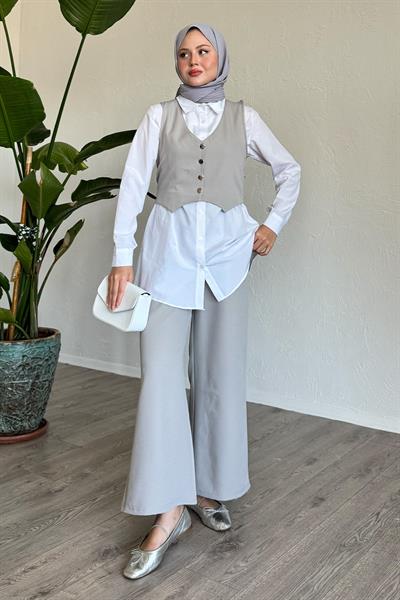 Yelekli Üçlü Takım Gri