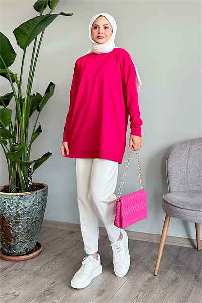Yırtmaçlı Basic Fuşya Triko Tunik