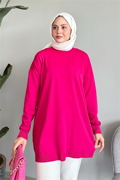 Yırtmaçlı Basic Fuşya Triko Tunik