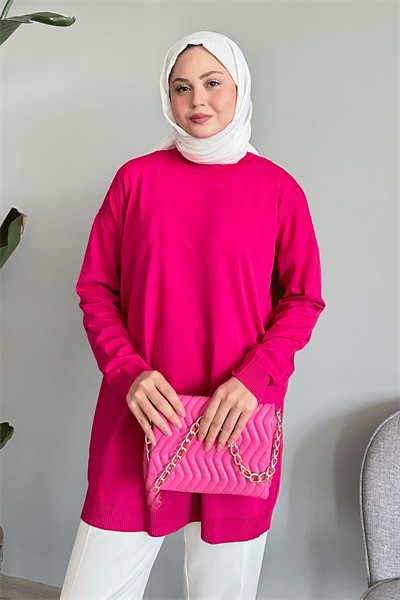 Yırtmaçlı Basic Fuşya Triko Tunik