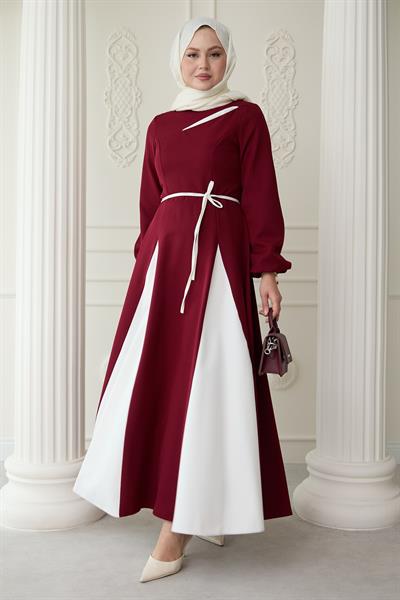Yırtmaçlı Çift Renk Bordo Elbise