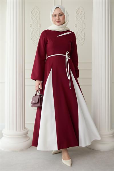 Yırtmaçlı Çift Renk Bordo Elbise