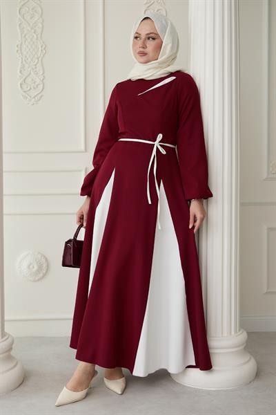 Yırtmaçlı Çift Renk Bordo Elbise