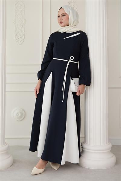 Yırtmaçlı Çift Renk Lacivert Elbise
