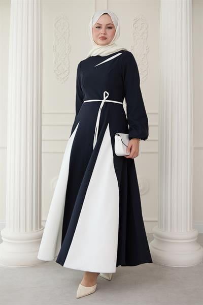 Yırtmaçlı Çift Renk Lacivert Elbise