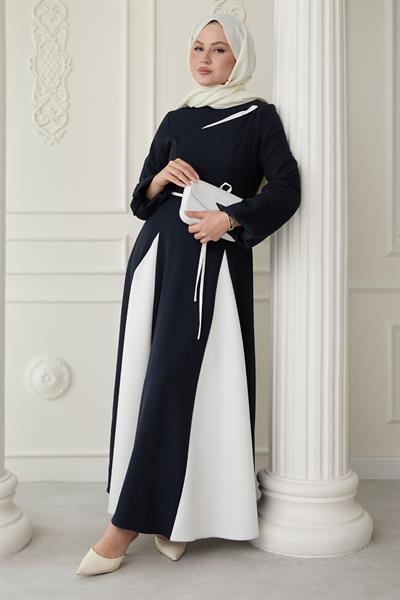 Yırtmaçlı Çift Renk Lacivert Elbise