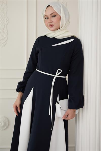 Yırtmaçlı Çift Renk Lacivert Elbise