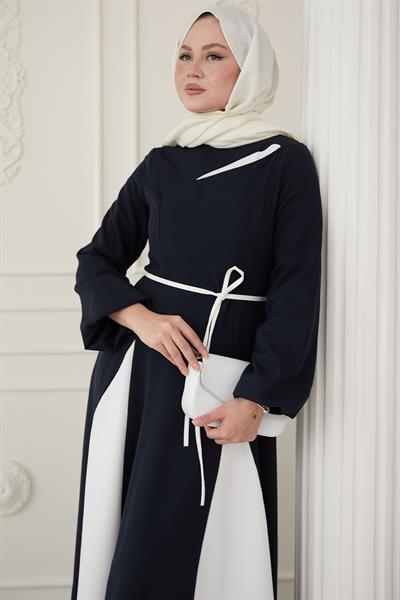 Yırtmaçlı Çift Renk Lacivert Elbise