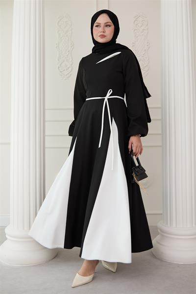 Yırtmaçlı Çift Renk Siyah Elbise