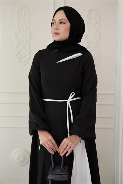 Yırtmaçlı Çift Renk Siyah Elbise