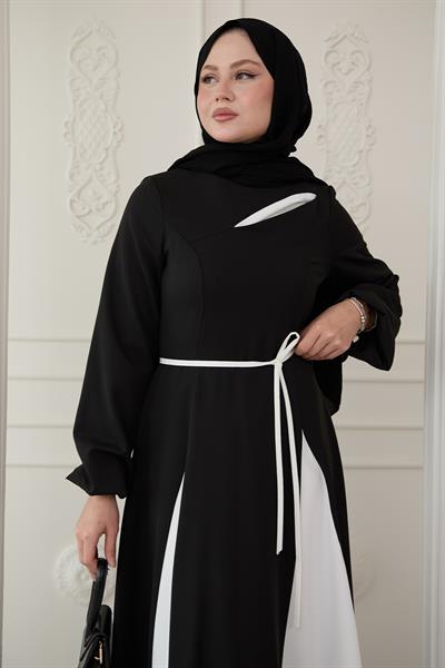 Yırtmaçlı Çift Renk Siyah Elbise