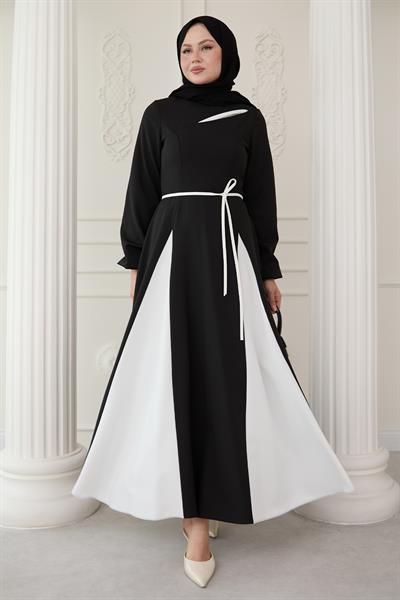 Yırtmaçlı Çift Renk Siyah Elbise