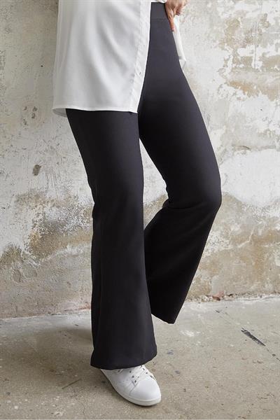 Yüksek Bel İspanyol Paça Duble Kumaş Pantolon - Siyah