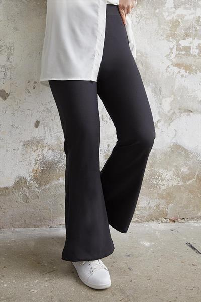 Yüksek Bel İspanyol Paça Duble Kumaş Pantolon - Siyah