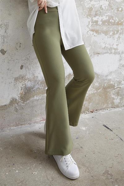Yüksek Bel İspanyol Paça Duble Kumaş Pantolon - Haki