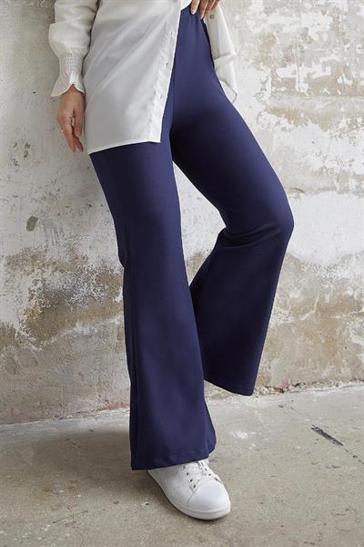 Yüksek Bel İspanyol Paça Duble Kumaş Pantolon - Koyu Lacivert