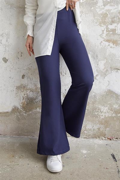 Yüksek Bel İspanyol Paça Duble Kumaş Pantolon - Koyu Lacivert