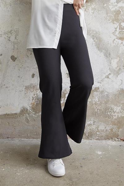 Yüksek Bel İspanyol Paça Duble Kumaş Pantolon - Siyah