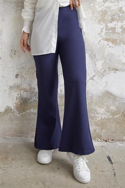 Yüksek Bel İspanyol Paça Duble Kumaş Pantolon - Koyu Lacivert