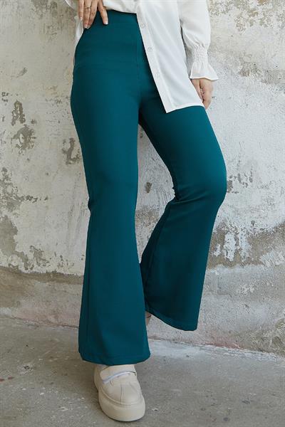 Yüksek Bel İspanyol Paça Duble Kumaş Pantolon - Petrol Yeşili