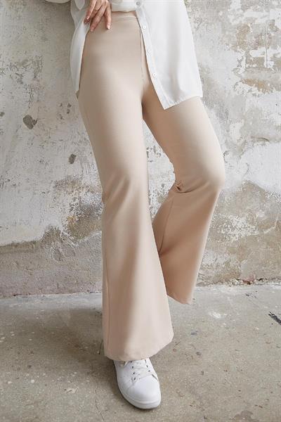 Yüksek Bel İspanyol Paça Duble Kumaş Pantolon - Bej