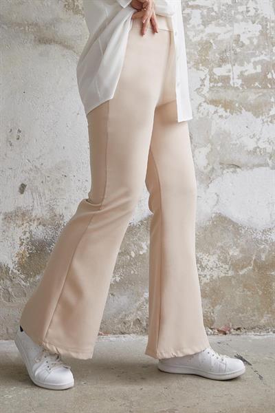 Yüksek Bel İspanyol Paça Duble Kumaş Pantolon - Bej