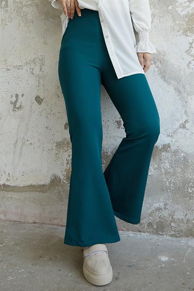 Yüksek Bel İspanyol Paça Duble Kumaş Pantolon - Petrol Yeşili