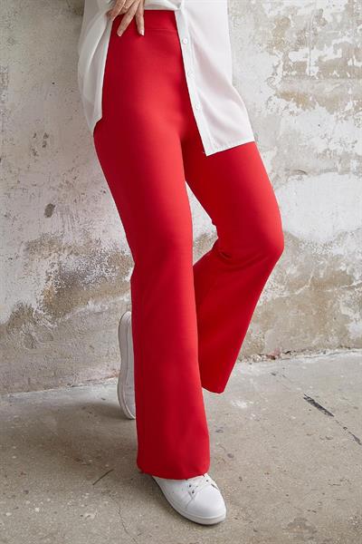 Yüksek Bel İspanyol Paça Duble Kumaş Pantolon - Kırmızı