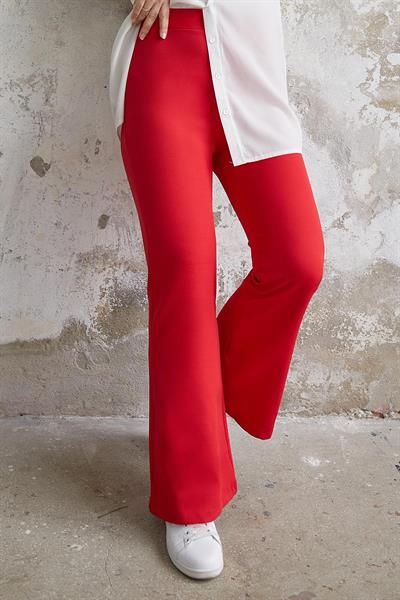 Yüksek Bel İspanyol Paça Duble Kumaş Pantolon - Kırmızı