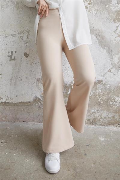 Yüksek Bel İspanyol Paça Duble Kumaş Pantolon - Bej