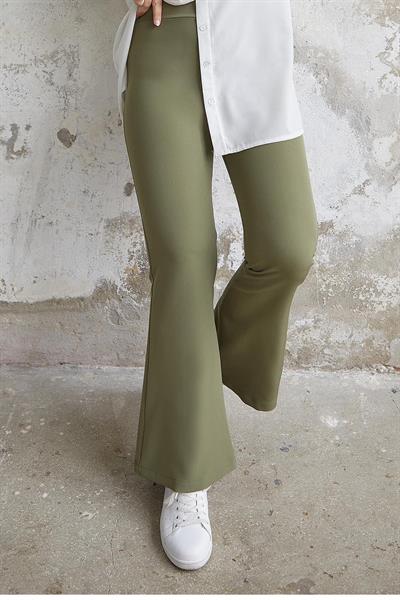 Yüksek Bel İspanyol Paça Duble Kumaş Pantolon - Haki
