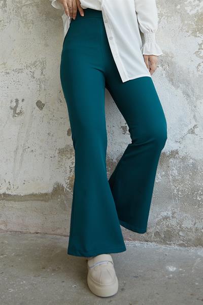 Yüksek Bel İspanyol Paça Duble Kumaş Pantolon - Petrol Yeşili