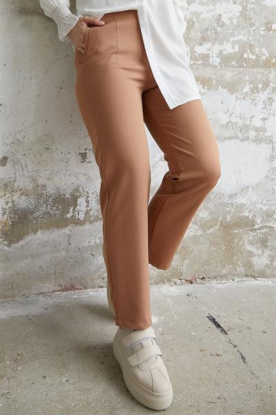 Yüksek Bel Pensli Duble Kumaş Pantolon - Camel